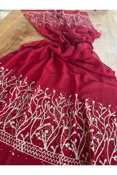 Bohemian Burgundy Embroidered Gold Stone Embroidered Imported Organic Cotton Shawl 1606081