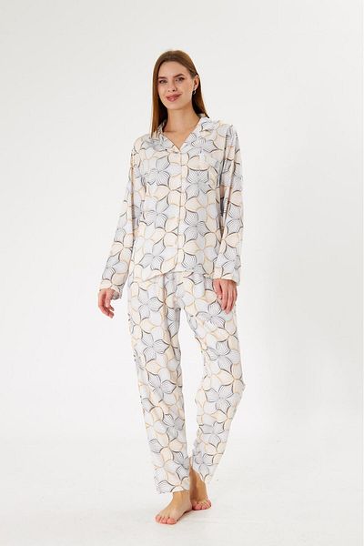 seamlife Women's 100% Cotton Woven Fabric Ecru Floral Patterned Shirt Collar Buttoned Pajama Set with Pockets