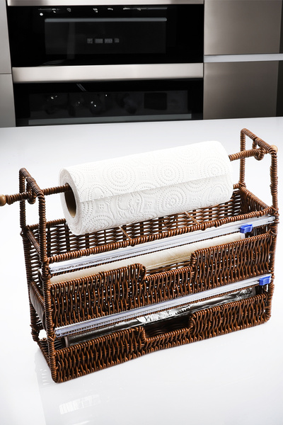 Bev Kitchen Wicker Countertop 3-Piece Stretch Film - Foil Cutter Organizer and Paper Towel Holder Napkin Holder