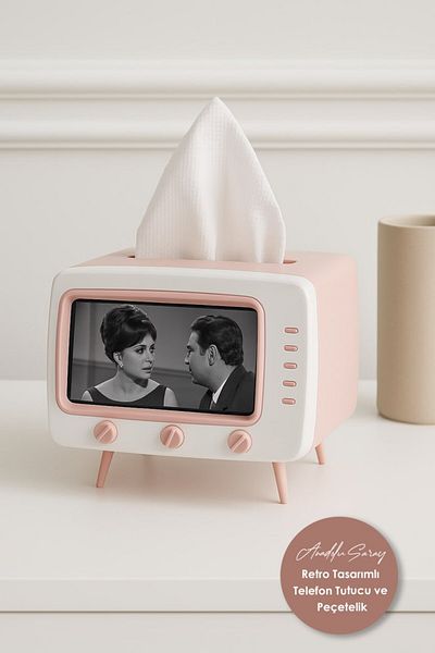 Anadolu Saray Modern Napkin Box with Phone Holder and Napkin Holder Tv Appearance with Retro Design