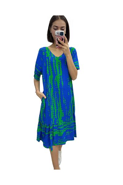Modasultan V-Neck Patterned Pocket Short Sleeve Midi Length Skirt Ruffled Viscose Dress