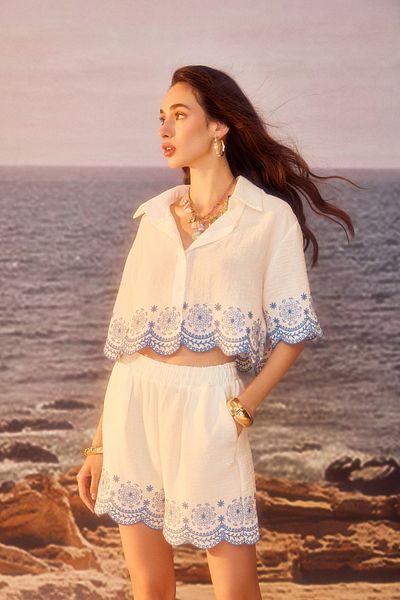 Quzu Ethnic Embroidery Embroidered Button Shirt Ecru