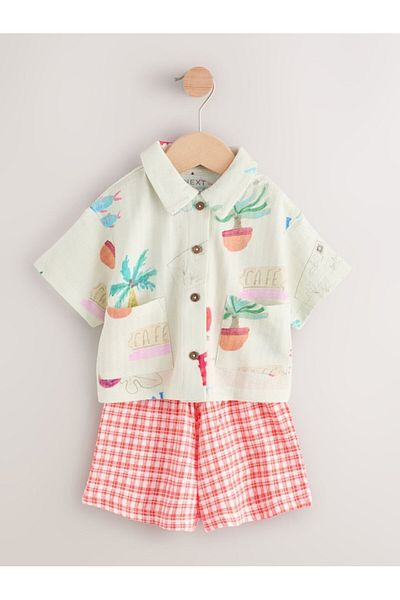 Next Baby Cotton Pink Muslin Floral Print Short Sleeve Shorts Bottom Top Set