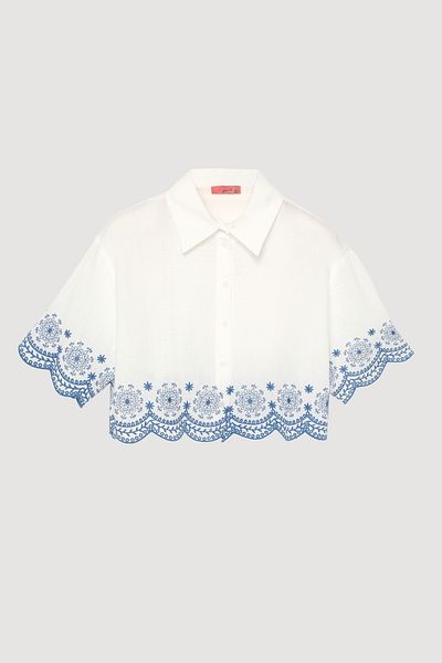 Quzu Ethnic Embroidery Embroidered Button Shirt Ecru