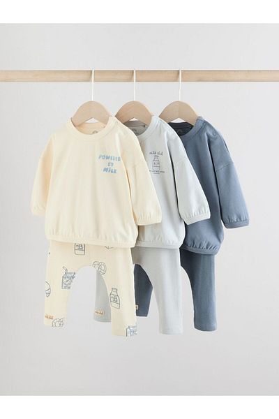 Next Baby Cotton Blue Printed Long Sleeve 3-Piece Top and Bottom Set