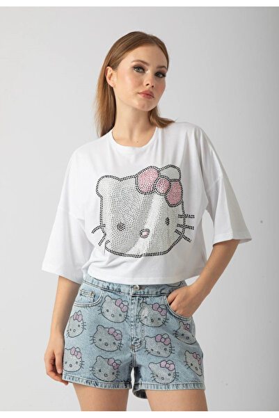 top girl hello kitty Taş Detaylı Kadın Oversize Crop Tişört