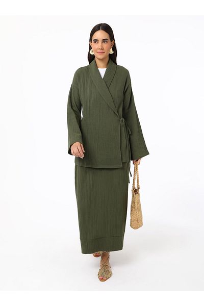 Benin Cotton Muslin Kimono with Tie Detail - Khaki - Benin