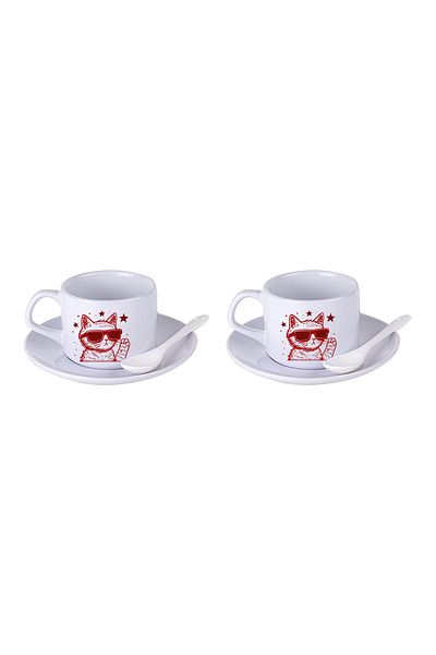 LIWOGY Cat Patterned Tea & Coffee Cup Set with Double Spoon