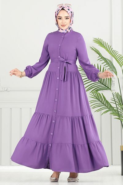 ModaMerve Viscose Dress with Elastic Cuffs 1124Bgs895-M Lilac