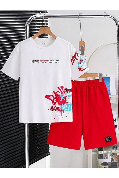 LUNAVISTA Summer Short Sleeve Round Neck Logo Printed T-Shirt and Shorts Set