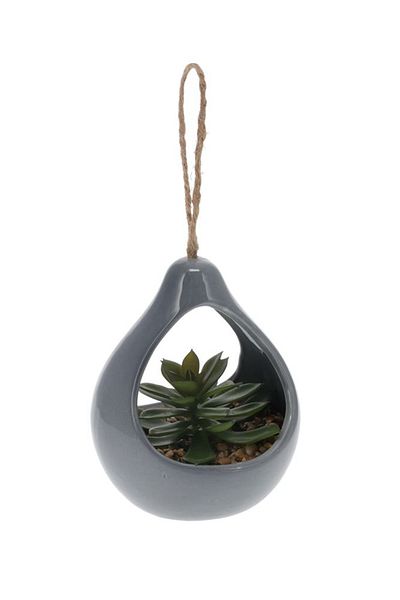 Koopman Planta artificiala Suculenta, Azay Design, in suport ceramic gri, cu agatatoare din sfoara, H 14cm