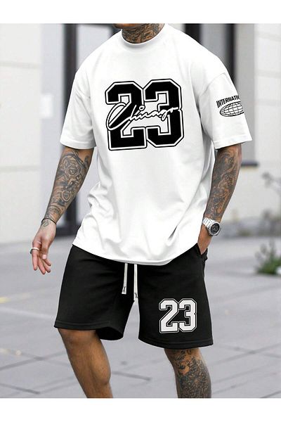 LUNAVISTA Men S Letter Print Short Sleeve T-Shirt and Lace-Up Waist Shorts Set