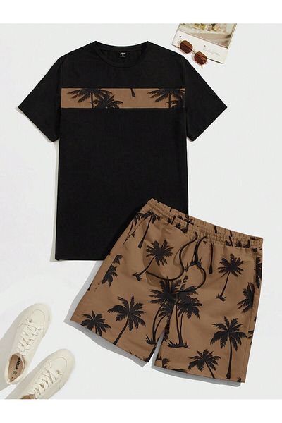 LUNAVISTA Vci Men's Tropical Print Knitted Multicolor T-Shirt and Lace-Up Shorts Set