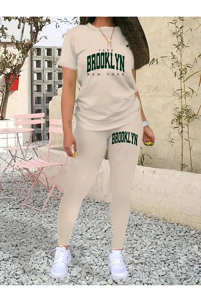 LUNAVISTA 2 Piece Set Casual Brooklyn Printed Summer Spring Short Sleeve O Neck Top & Leggings Women's Clothing