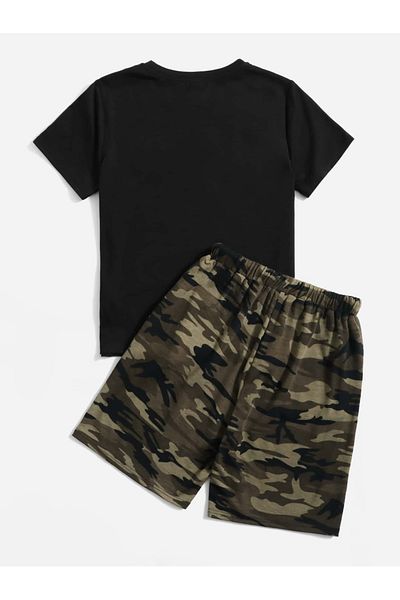 LUNAVISTA Boys Dinosaur Printed Camouflage Lace-Up Waist T-Shirt and Shorts