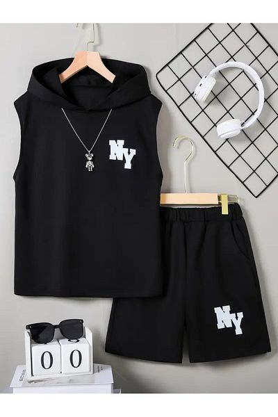 LUNAVISTA Summer men's sleeveless sports suit, handsome student, shoulder to shoulder, Hooded jacket and shorts,