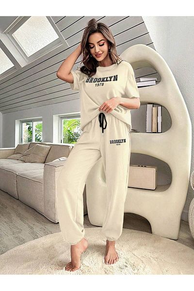 LUNAVISTA Letter Graphic Drop Shoulder Tee & Drawstring Waist Sweatpants