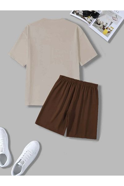 LUNAVISTA Manfinity Men's Plus Tropical Print Off-Shoulder T-Shirt and Lace-Up Waist Shorts