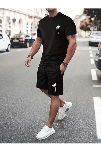 LUNAVISTA Comfortable Small Palm Print T-Shirt, Shorts and Shirt Set
