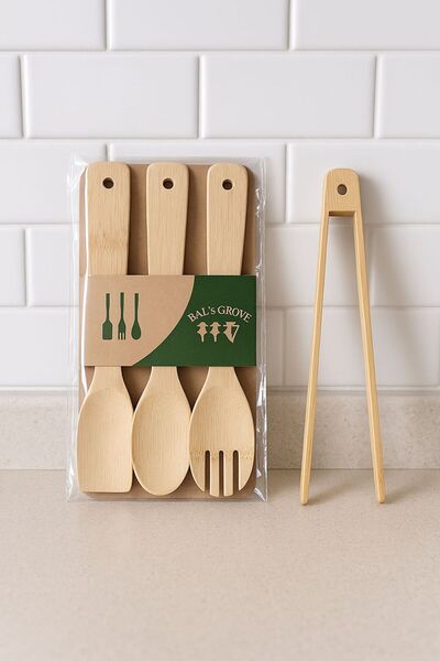 Çavdar Group 4 Parça Ağaç Kaşık, Spatula, Maşa Servis Seti