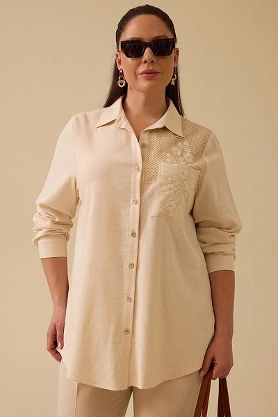 Gala-Xi Galaxi Women's Plus Size Mesh Detailed Embroidered Shirt 4014 Beige