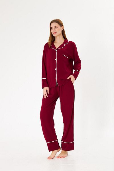 seamlife Women's 100% Cotton Woven Fabric Burgundy Color White Piping Shirt Collar Buttoned Top with Pockets Pajama Set