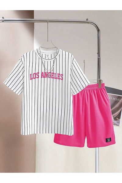LUNAVISTA Copy - Casual Streetwear Set, Striped Short Sleeve Crew Neck Letter Printed T-Shirt and Shorts