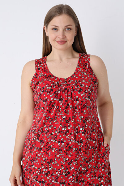 İntensive Women's Red Floral Patterned Pocket Strap Plus Size Cotton Dress