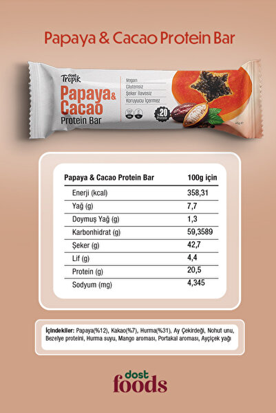 Dost Tropik Papaya & Cacao Protein Bar (45G x 12 Adet)