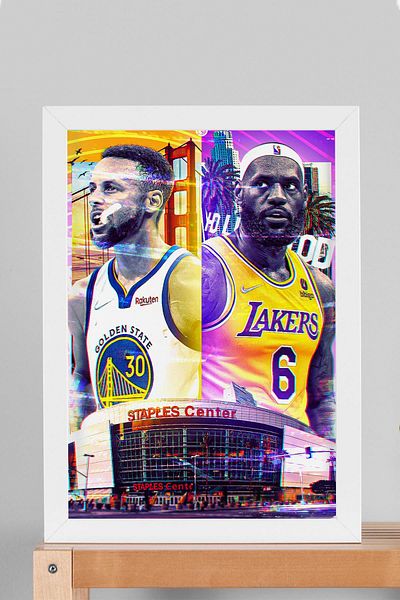 Saturn Stephen Curry Lebron James Framed Painting - Basketball Nba Poster Painting