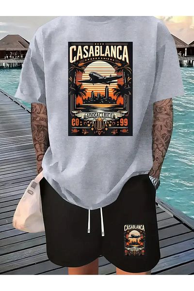 LUNAVISTA Men's 2-Piece Set, Casablanca City Pattern Short Sleeve T-Shirt and High Waist Shorts, Tracksuit Set