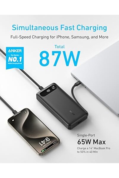 Anker Laptop Power Bank, 20,000mAh Portable Charger with Built-In USB-C Cable, 87W Max Fast Charging