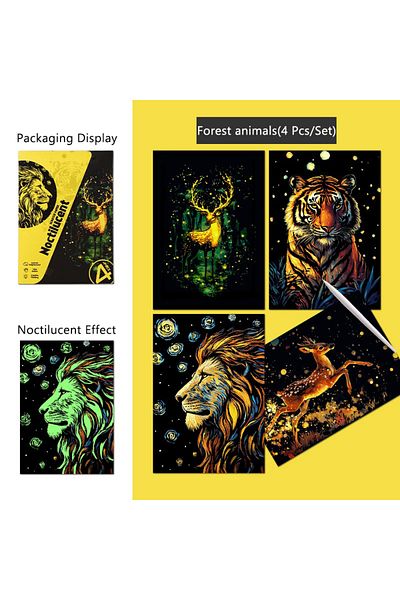 Choice A5 Forest animals 4 Pcs/Set A5 Noctilucent DIY Scratch Painting Castle Lanscape Cute Animal Night Vi