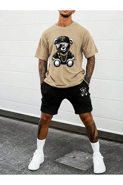 LUNAVISTA Men's Round Neck Short Sleeve T-Shirt and Shorts Set Bear Printed