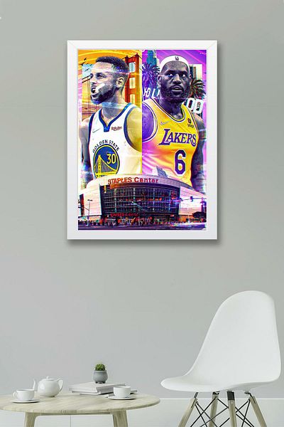 Saturn Stephen Curry Lebron James Framed Painting - Basketball Nba Poster Painting
