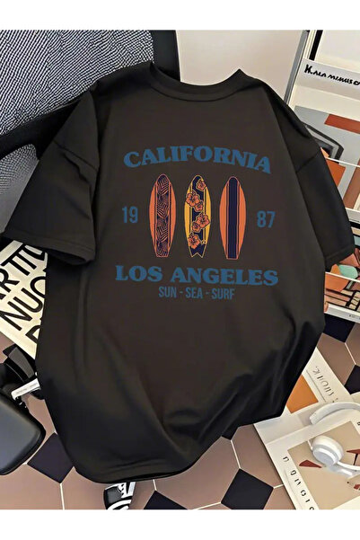 CLASİVA تي شيرت برقبة دائرية كبير الحجم مطبوع عليه كاليفورنيا لوس أنجلوس للجنسين