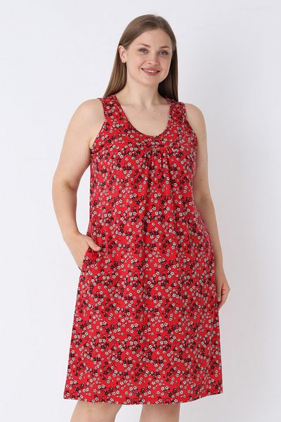İntensive Women's Red Floral Patterned Pocket Strap Plus Size Cotton Dress