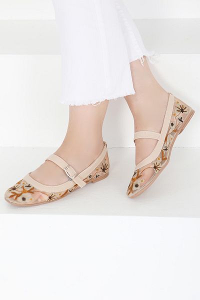 TOFİSA Women's Beige Embroidered Ballerinas - 27412