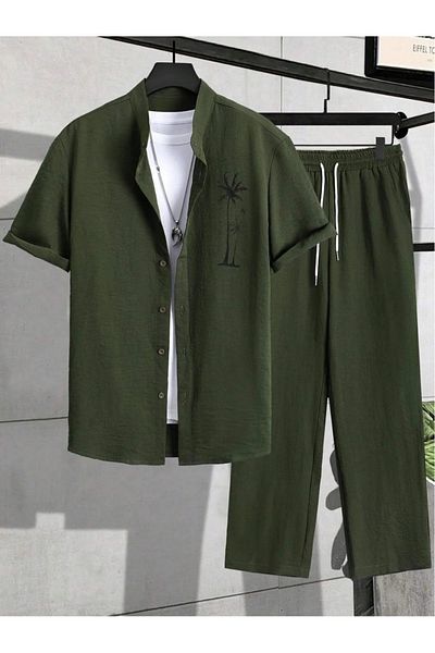 LUNAVISTA Men's Solid Color Front Button Shirt and Lace-Up Pants Set