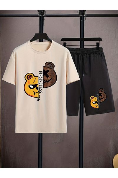 LUNAVISTA Men's Casual Loose Comfortable Round Neck Short Sleeve Cartoon Printed T-Shirt and Shorts Set