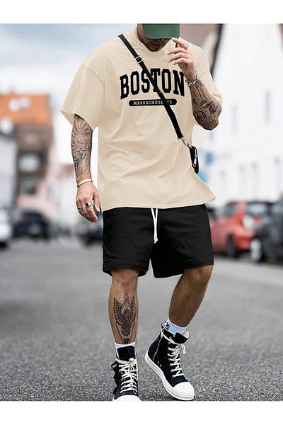 LUNAVISTA Men's Off Shoulder Letter Printed T-Shirt and Shorts