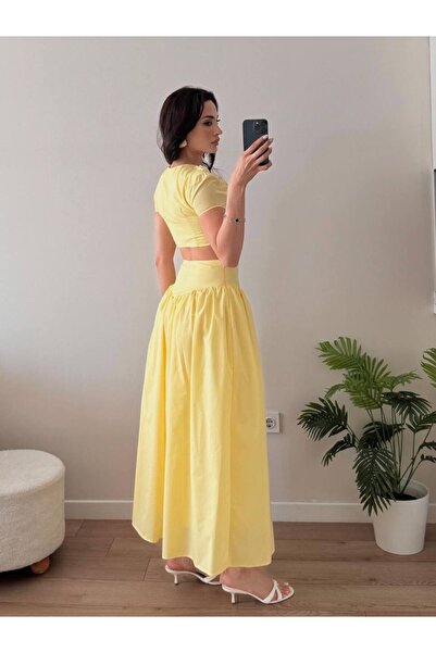 LOCH BUTİK Women's Yellow Buttoned Gathered Skirt Double Suit