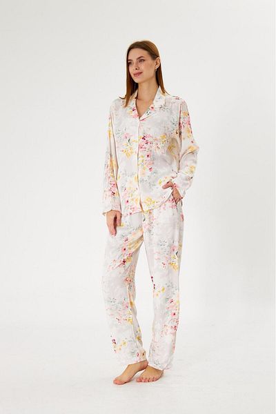 seamlife Women's 100% Cotton Woven Fabric Ecru Color Flower Patterned Shirt Collar Buttoned Top with Pockets Pajama Set