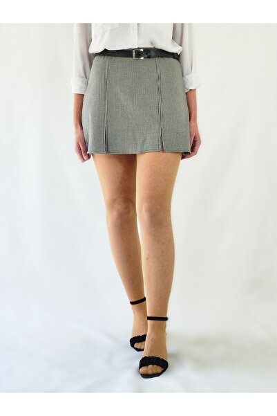 YAXİ Black Checked Woven Shorts Skirt with Back Skirt Look