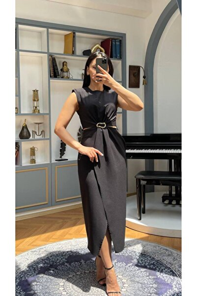 aura7 collection Kadın Giyim Bel Dekolteli ve Toka Detaylı Sıfır Kol Elbise