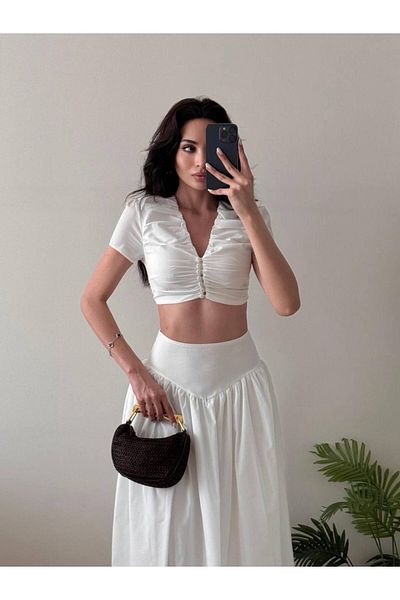 LOCH BUTİK Women's White Buttoned Gathered Skirt Double Suit