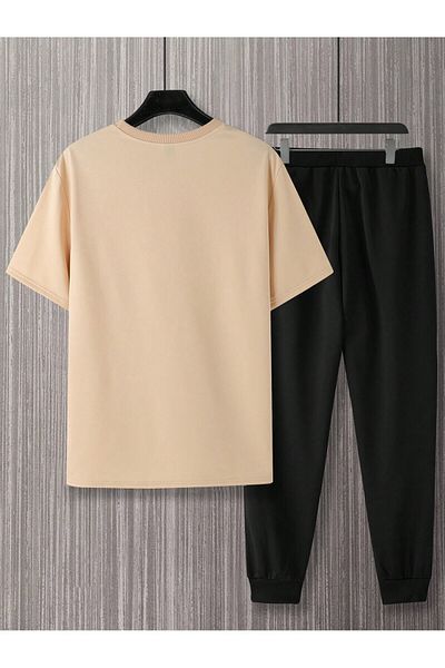 LUNAVISTA Men's Summer Casual Plus Size Round Neck Short Sleeve Letter Printed T-Shirt Long Pants Set