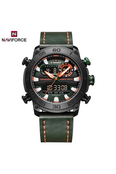 Naviforce Men's Analog-Digital Sport Watch – 45mm Case, Leather Strap, Date Display, Water Resistant