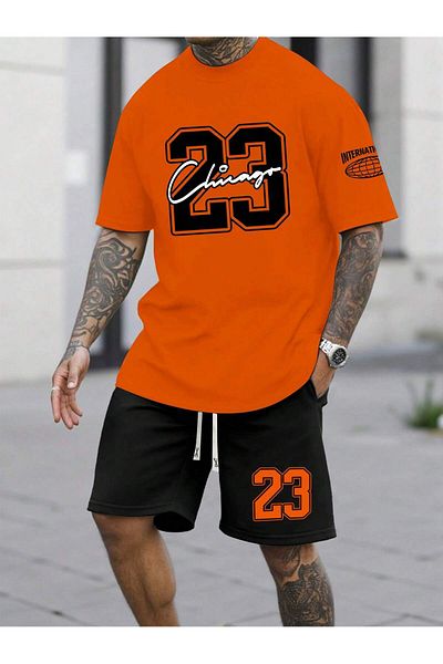 LUNAVISTA Men S Letter Print Short Sleeve T-Shirt and Lace-Up Waist Shorts Set
