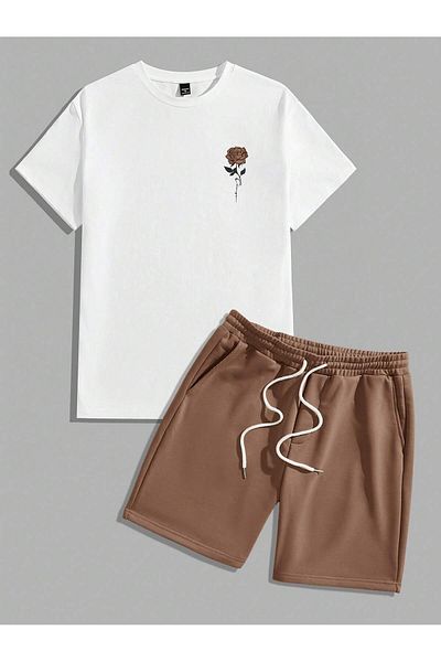 LUNAVISTA 2-Piece Set of Comfortable Floral Print T-Shirt and Lace-Up Waist Shorts